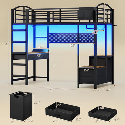 Twin Size Loft Bed with Desk and Pegboard, Metal Bed Frame with Storage Hamper, Cloth Rack, Power Outlet and LED Lighted, No Box Spring Needed, Black