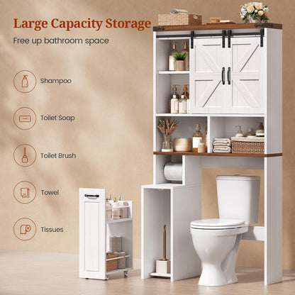 Farmhouse Over The Toilet Storage Cabinet with Pulley, Bathroom Storage Cabinet with Adjustable Shelf and Open Shelf for Bathroom, Restroom, Laundry, White Brown