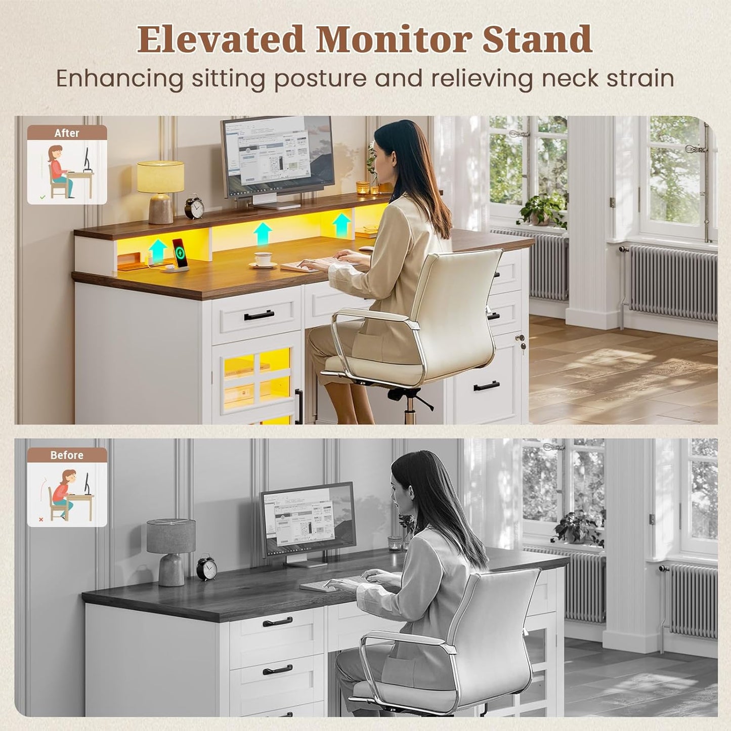 60'' Farmhouse Executive Desk with Drawers, Computer Desk with Power Outlet and LED Lights for Home, Office, White