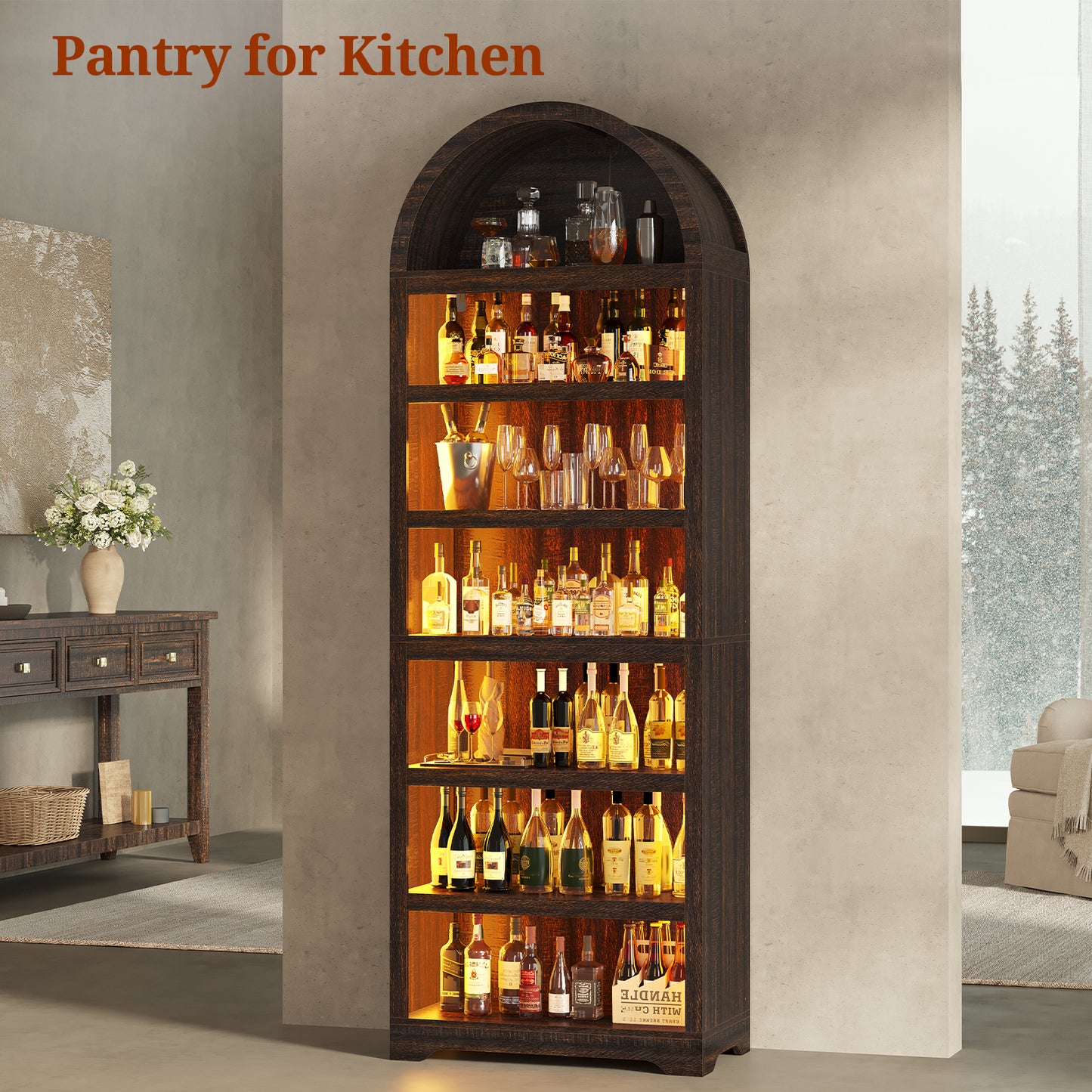 79.4" Tall Arched Cabinet, Modern 7-Tier Bookshelf with RGB Light and Adjustable Shelf, Brown