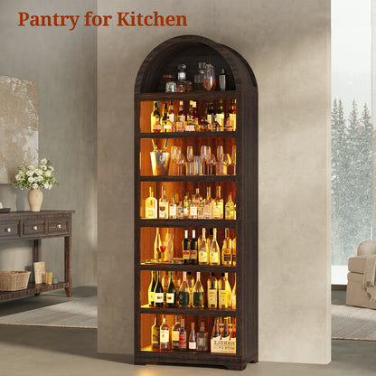 79.4" Tall Arched Cabinet, Modern 7-Tier Bookshelf with RGB Light and Adjustable Shelf, Brown