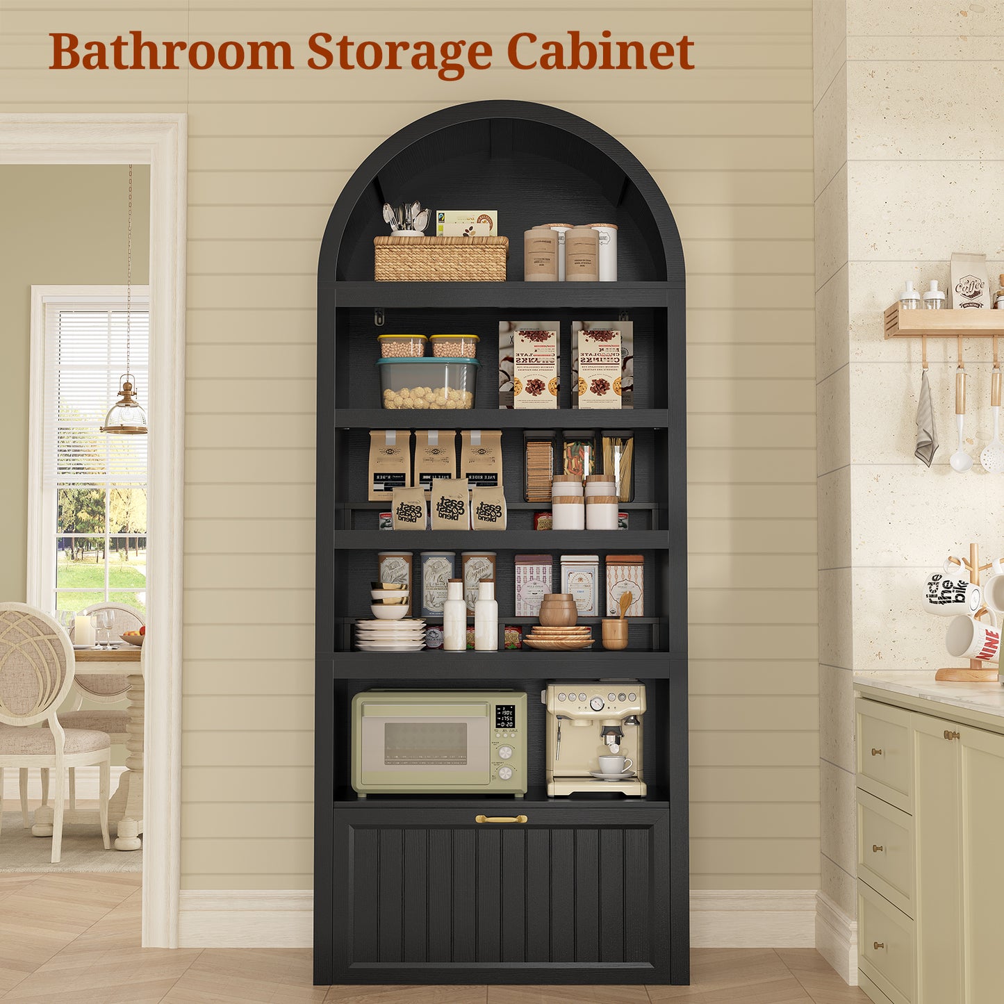 81" Tall Arched Cabinets, Bookcase with Storage Drawer, Mid-Century Modern 5-Tier Bookshelf for Living Room, Kitchen, Home Office, Black