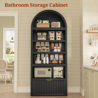 81" Tall Arched Cabinets, Bookcase with Storage Drawer, Mid-Century Modern 5-Tier Bookshelf for Living Room, Kitchen, Home Office, Black