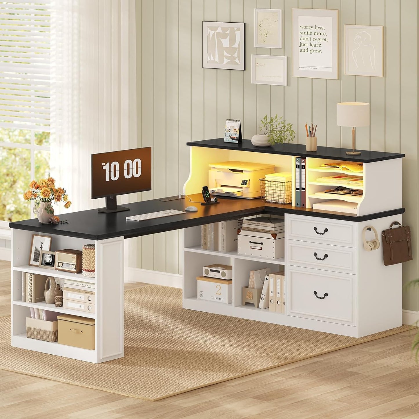 61" Executive Desk, Farmhouse L Shaped Computer Desk with Power Outlets and LED Light, Home Office Desk with 3 Drawers and 4-Tier Paper Organizer, White