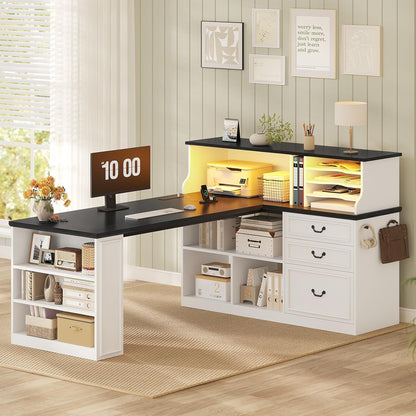 61" Executive Desk, Farmhouse L Shaped Computer Desk with Power Outlets and LED Light, Home Office Desk with 3 Drawers and 4-Tier Paper Organizer, White