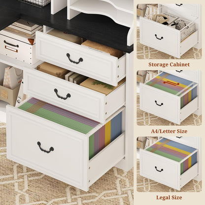 61" Executive Desk, Farmhouse L Shaped Computer Desk with Power Outlets and LED Light, Home Office Desk with 3 Drawers and 4-Tier Paper Organizer, White