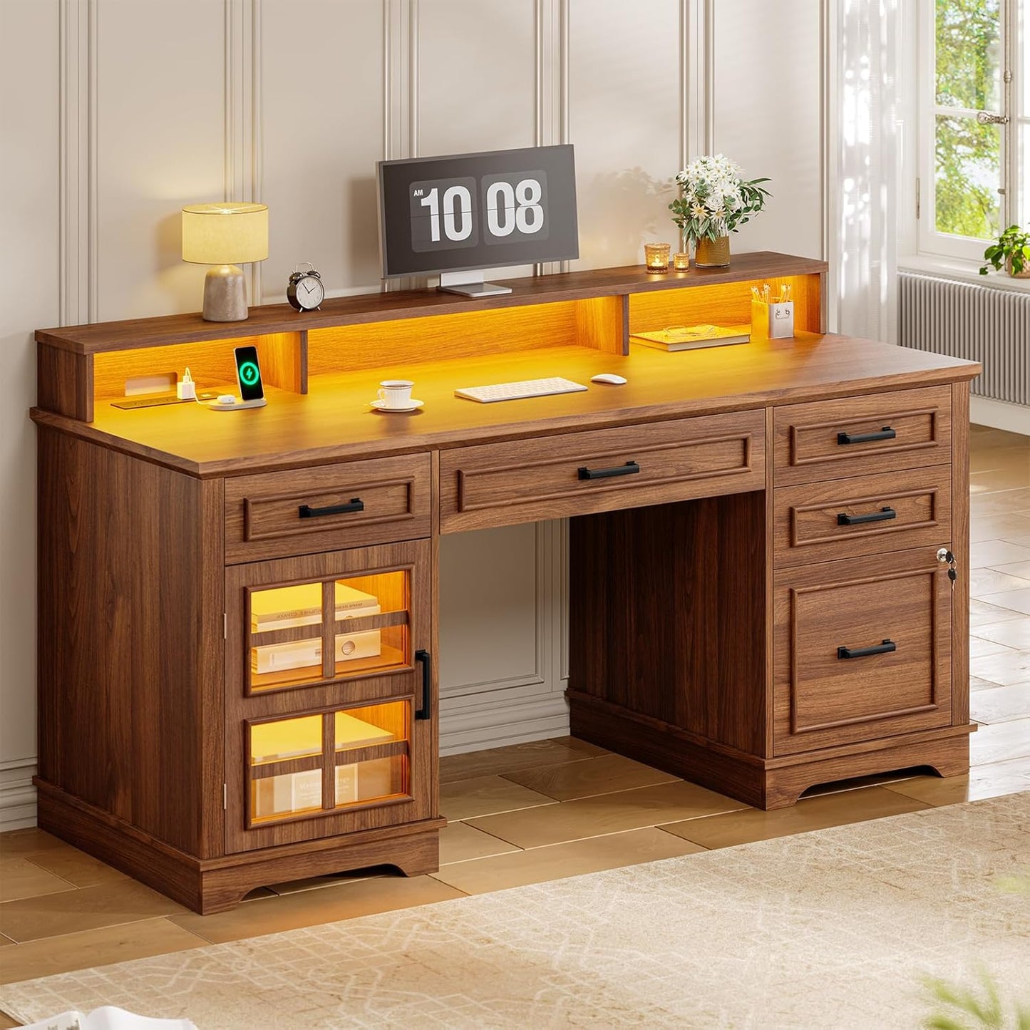 60'' Farmhouse Executive Desk with Drawers, Computer Desk with Power Outlet and LED Lights for Home, Office, Brown