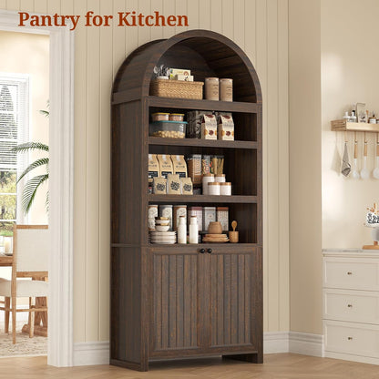 81" Tall Arched Bookshelf, Kitchen Pantry Storage Cabinet, 6-Tier Bookcase with 2 Doors for Living Room, Kitchen, Home Office, Walnut