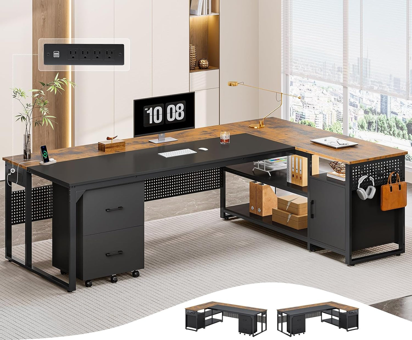 71" Executive Desk with Mobile File Cabinet, Reversible L Shaped Desk with Power Outlets, Large Office Desk, Rustic Brown