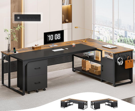71" Executive Desk with Mobile File Cabinet, Reversible L Shaped Desk with Power Outlets, Large Office Desk, Rustic Brown