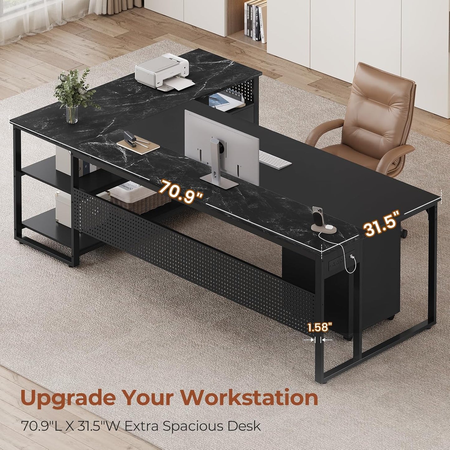 71" L Shaped Executive Desk, Reversible Computer Desk with Mobile File Cabinet and Power Outlets, Large Office Desk with Storage Shelves for Home Office, Marble Black