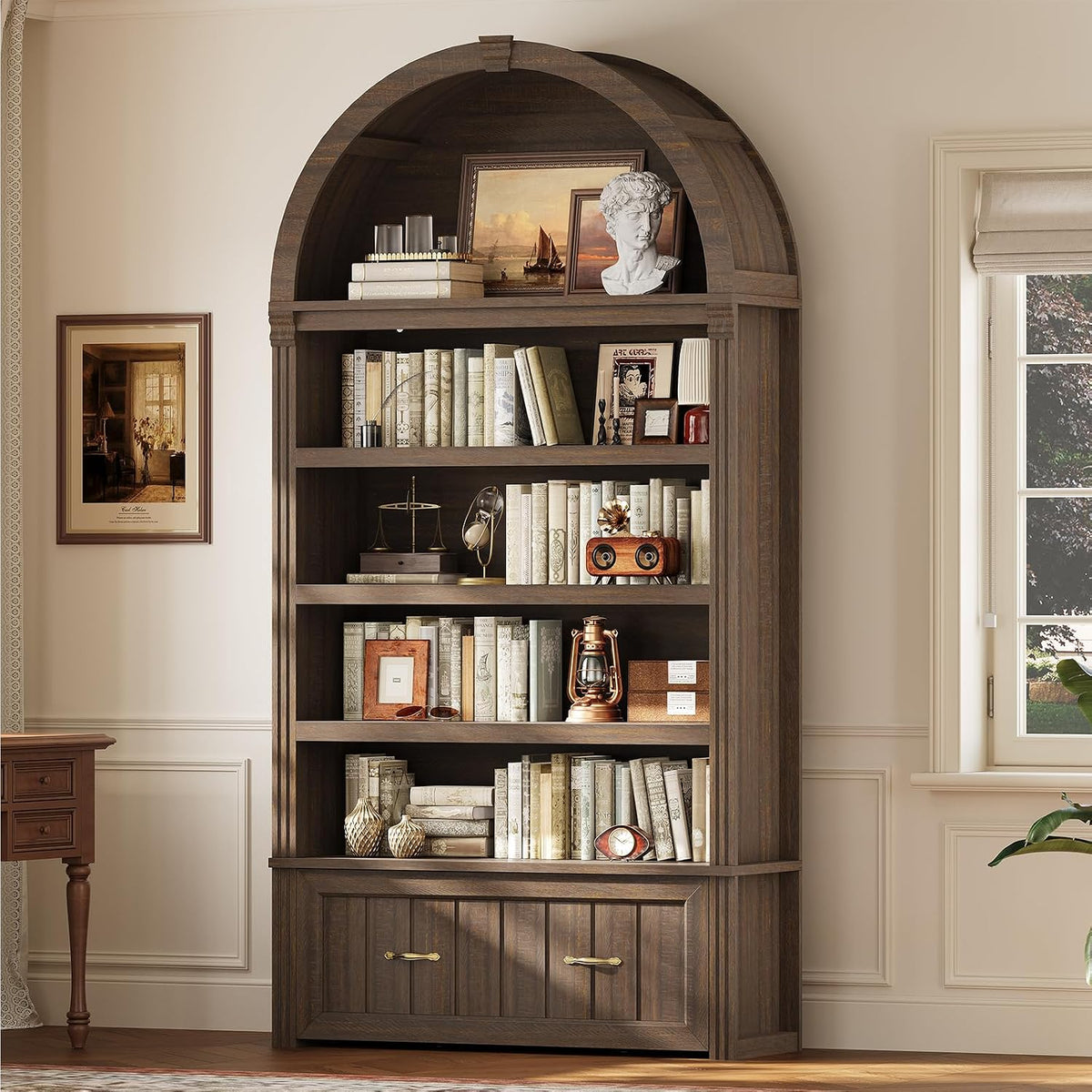 83" Tall Arched Cabinets, 5-Tier Bookcase with Widened Drawer & Adjustable Shelves, Mid-Century Modern Bookshelf for Living Room, Home Office, Walnut
