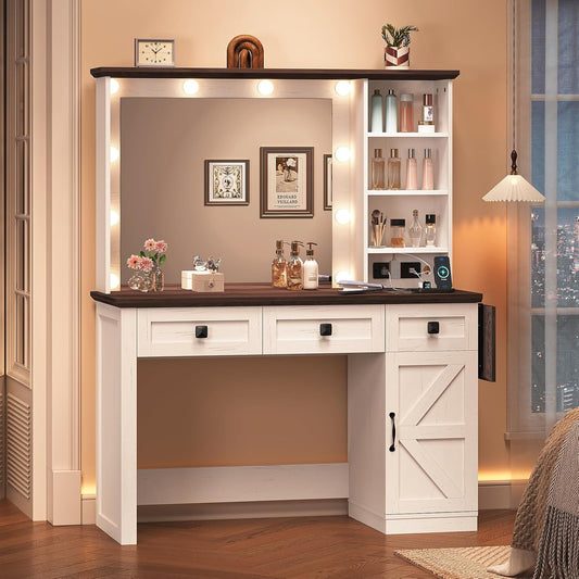Makeup Vanity Desk with Charging Station, Dressing Table with 3 Lighting Modes and 3 Drawers, Antique White