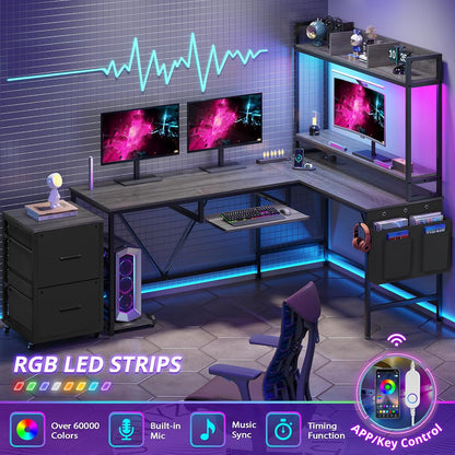 L Shaped Computer Desk with Power Outlet and LED Strip, Reversible Gaming Desk with 2 Drawer and Keyboard Tray, Gray