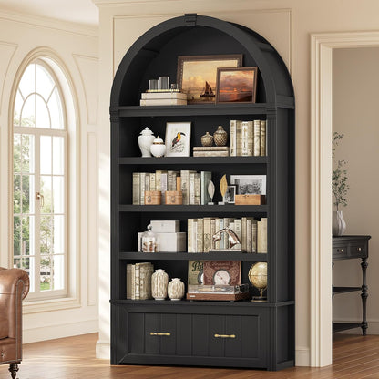 83" Tall Arched Cabinets, 5-Tier Bookcase with Widened Drawer & Adjustable Shelves, Mid-Century Modern Bookshelf for Living Room, Home Office, Black
