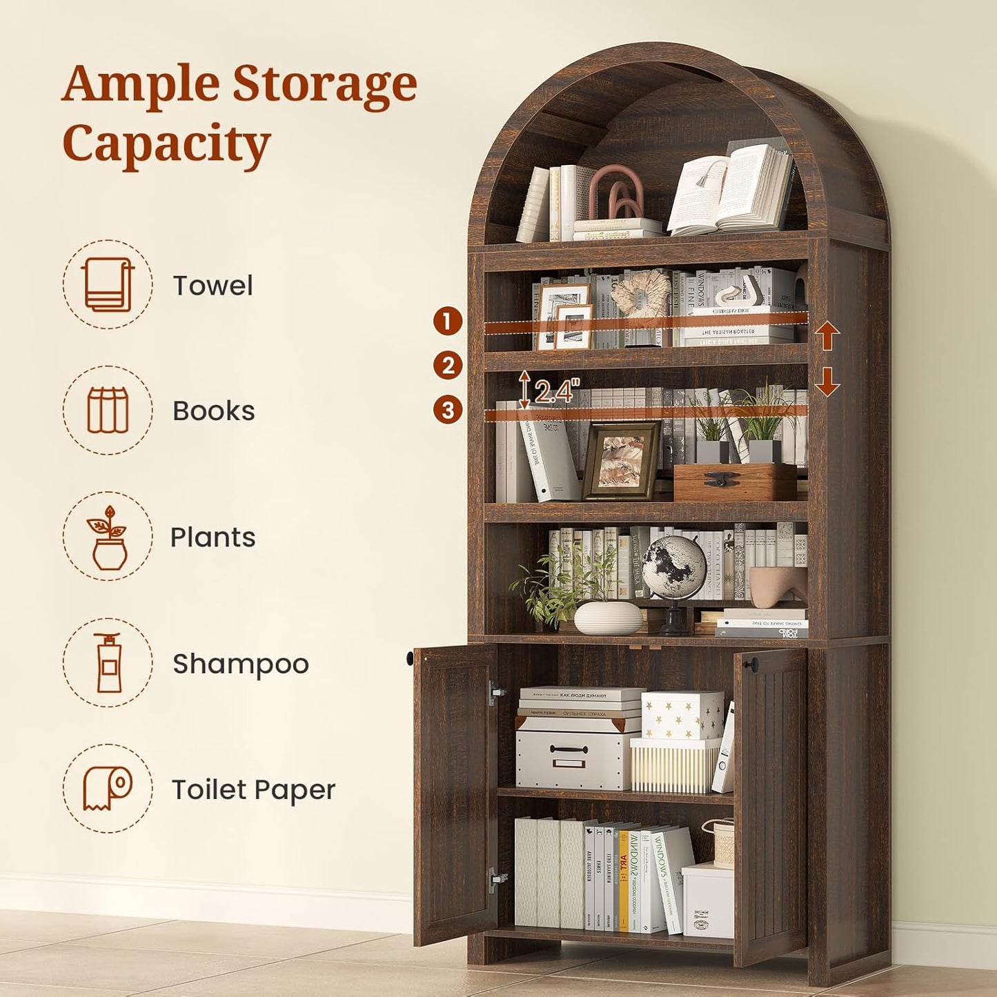 81" Tall Arched Bookshelf, Kitchen Pantry Storage Cabinet, 6-Tier Bookcase with 2 Doors for Living Room, Kitchen, Home Office, Walnut