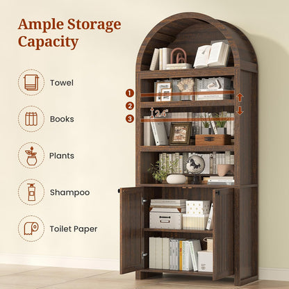 81" Tall Arched Bookshelf, Kitchen Pantry Storage Cabinet, 6-Tier Bookcase with 2 Doors for Living Room, Kitchen, Home Office, Walnut