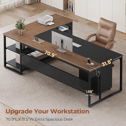 71" L Shaped Executive Desk, Reversible Computer Desk with Mobile File Cabinet and Power Outlets, Large Office Desk with Storage Shelves for Home Office, Walnut