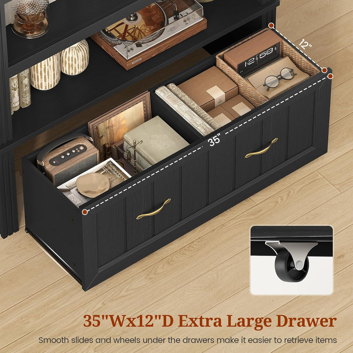 83" Tall Arched Cabinets, 5-Tier Bookcase with Widened Drawer & Adjustable Shelves, Mid-Century Modern Bookshelf for Living Room, Home Office, Black