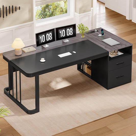 70.9" Executive Desk with Power Outlet, Large Office Desk with Lateral File Cabinet, Modern Computer Desk, Gray