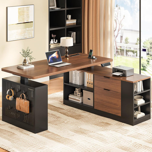 L Shaped Standing Desk, 53" Electric Office Desk with Power Outlets and File Drawers, Corner Computer Desk with Pegboard, Adjustable Height, Walnut