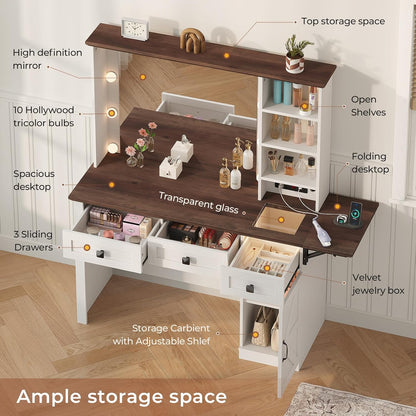 Makeup Vanity Desk with Charging Station, Dressing Table with 3 Lighting Modes and 3 Drawers, Antique White