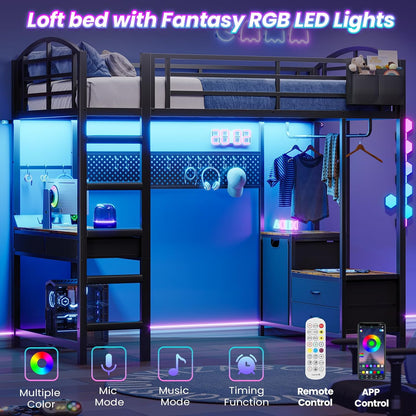 Twin Size Loft Bed with Desk and Pegboard, Metal Bed Frame with Storage Hamper, Cloth Rack, Power Outlet and LED Lighted, No Box Spring Needed, Black