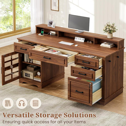60'' Farmhouse Executive Desk with Drawers, Computer Desk with Power Outlet and LED Lights for Home, Office, Brown
