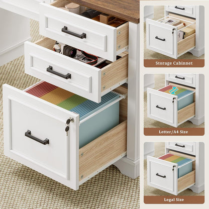 60'' Farmhouse Executive Desk with Drawers, Computer Desk with Power Outlet and LED Lights for Home, Office, White