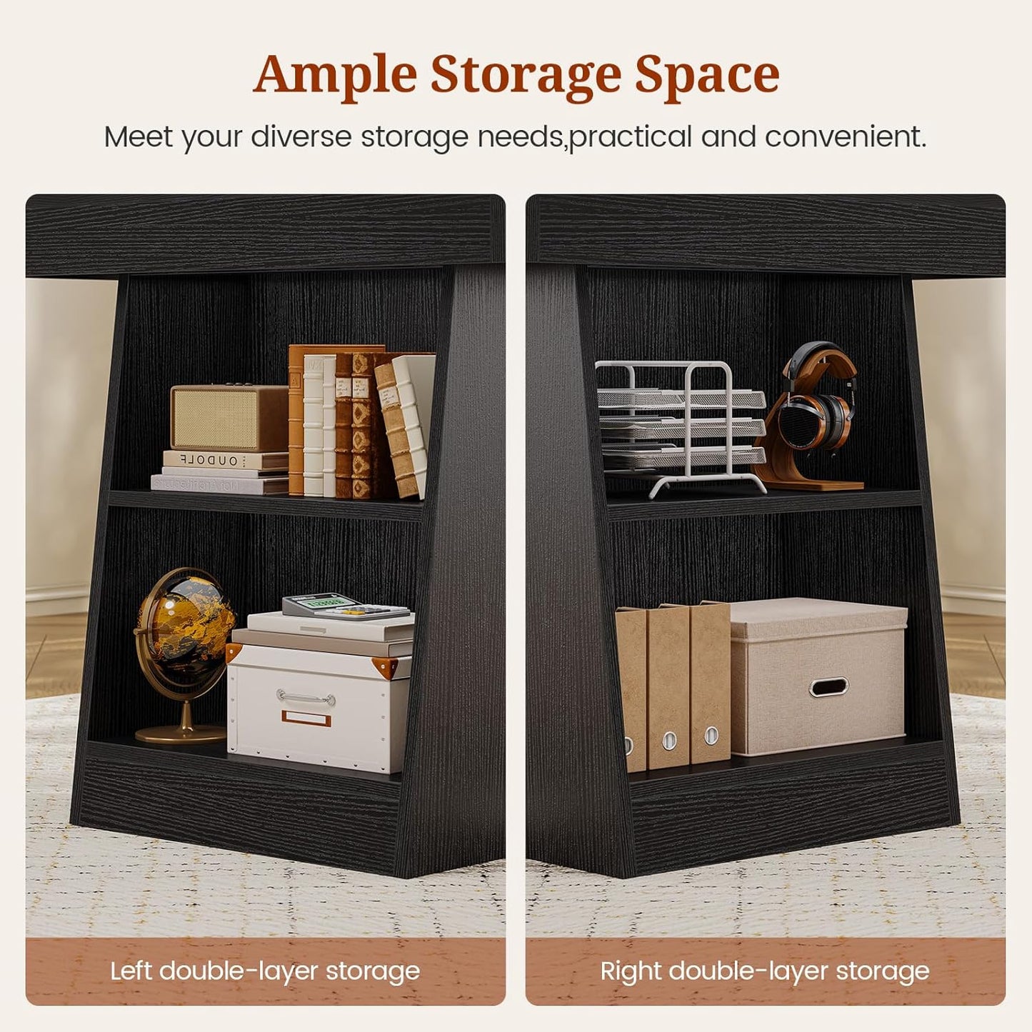 55.9" Executive Desk with Power Outlets, Modern Home Office Desk with Storage Shelves, Computer Desk Conference Table, Black