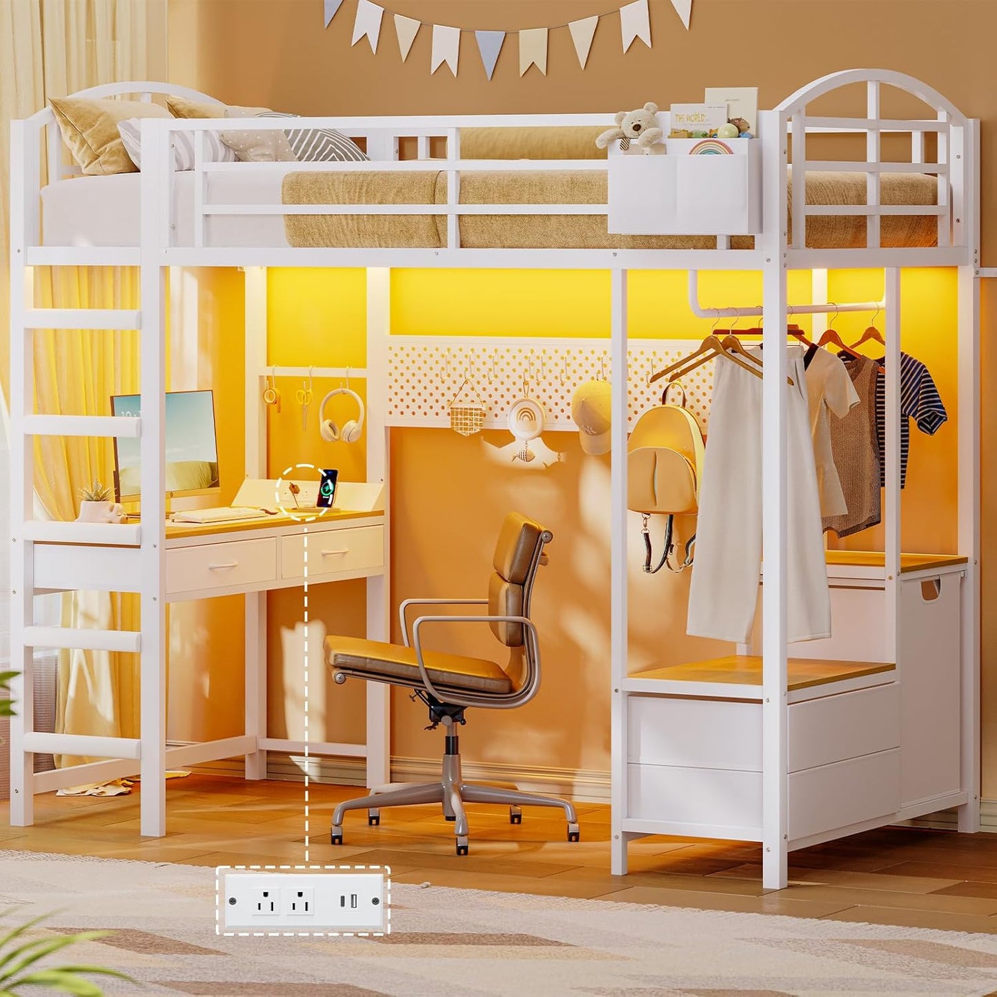 Twin Size Loft Bed with Desk and Pegboard, Metal Bed Frame with Storage Hamper, Cloth Rack, Power Outlet and LED Lighted, No Box Spring Needed, White