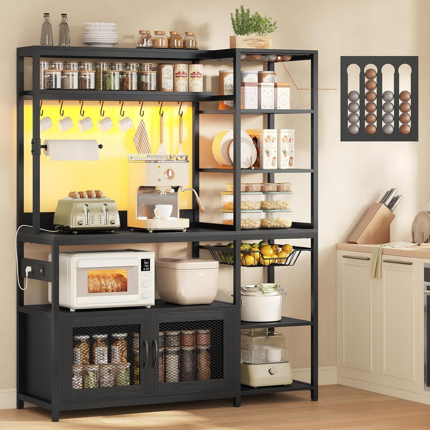Bakers Rack with Power Outlet and LED Light, Coffee Bar with Coffee Pod Holder, Kitchen Microwave Stand with Storage Shelves, Cabinet, Wire Basket, 8 Hooks, Classic Black