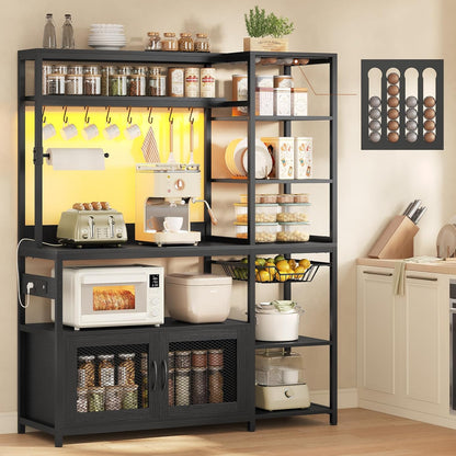 Bakers Rack with Power Outlet and LED Light, Coffee Bar with Coffee Pod Holder, Kitchen Microwave Stand with Storage Shelves, Cabinet, Wire Basket, 8 Hooks, Classic Black