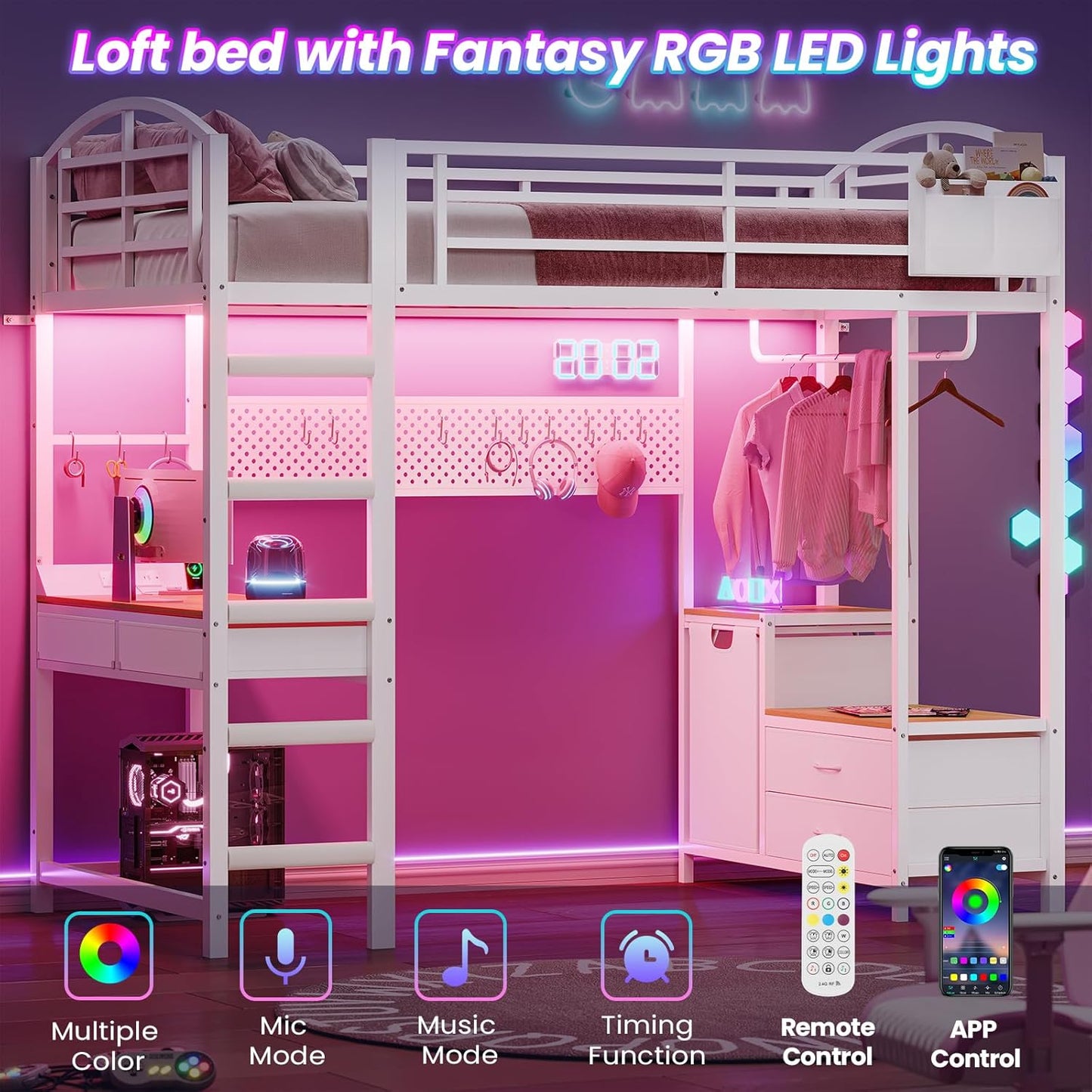 Twin Size Loft Bed with Desk and Pegboard, Metal Bed Frame with Storage Hamper, Cloth Rack, Power Outlet and LED Lighted, No Box Spring Needed, White