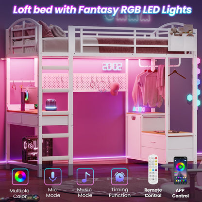 Twin Size Loft Bed with Desk and Pegboard, Metal Bed Frame with Storage Hamper, Cloth Rack, Power Outlet and LED Lighted, No Box Spring Needed, White