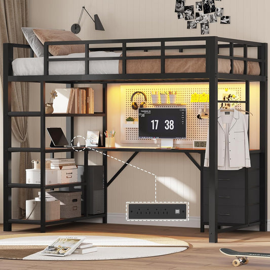 Twin Size Loft Bed with Power Outlet and LED Lights, Metal Loft Bed Frame with L Shape Desk and 4-Tier Storage Shelves, No Box Spring Needed, Black