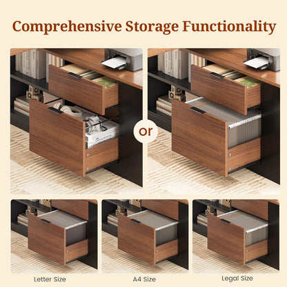 L Shaped Standing Desk, 53" Electric Office Desk with Power Outlets and File Drawers, Corner Computer Desk with Pegboard, Adjustable Height, Walnut