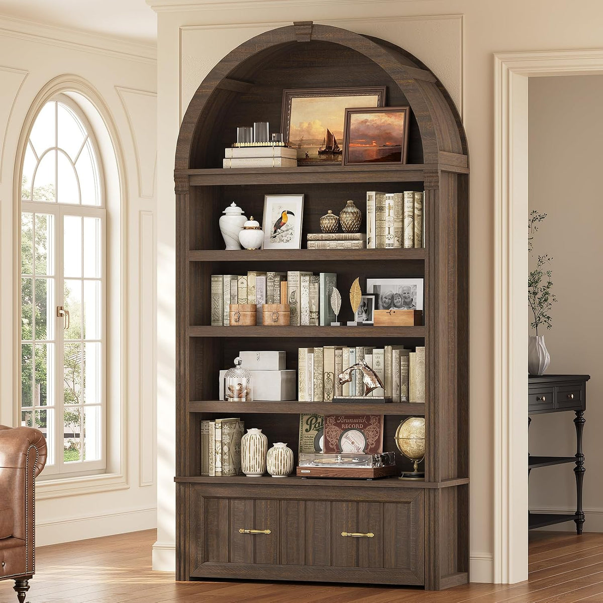 83" Tall Arched Cabinets, 5-Tier Bookcase with Widened Drawer & Adjustable Shelves, Mid-Century Modern Bookshelf for Living Room, Home Office, Walnut