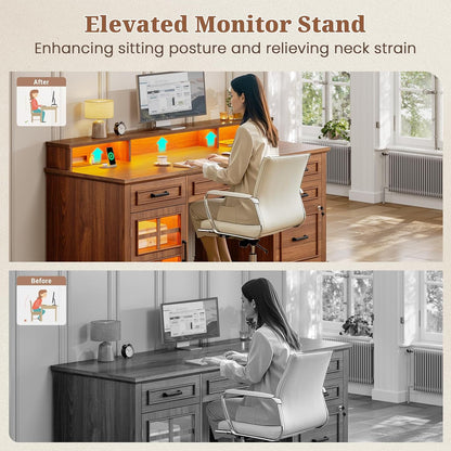 60'' Farmhouse Executive Desk with Drawers, Computer Desk with Power Outlet and LED Lights for Home, Office, Brown