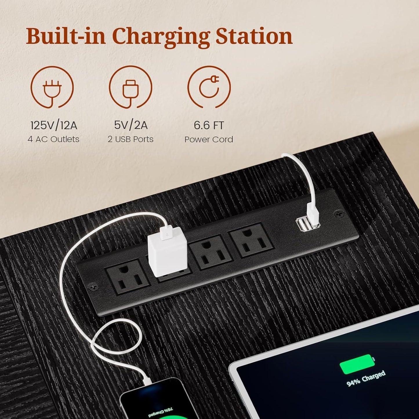 55.9" Executive Desk with Power Outlets, Modern Home Office Desk with Storage Shelves, Computer Desk Conference Table, Black