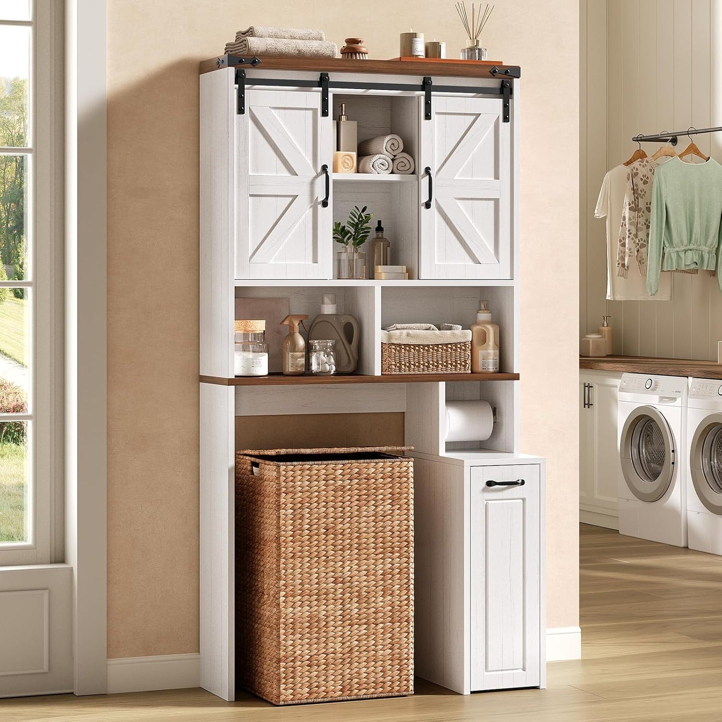 Farmhouse Over The Toilet Storage Cabinet with Pulley, Bathroom Storage Cabinet with Adjustable Shelf and Open Shelf for Bathroom, Restroom, Laundry, White Brown