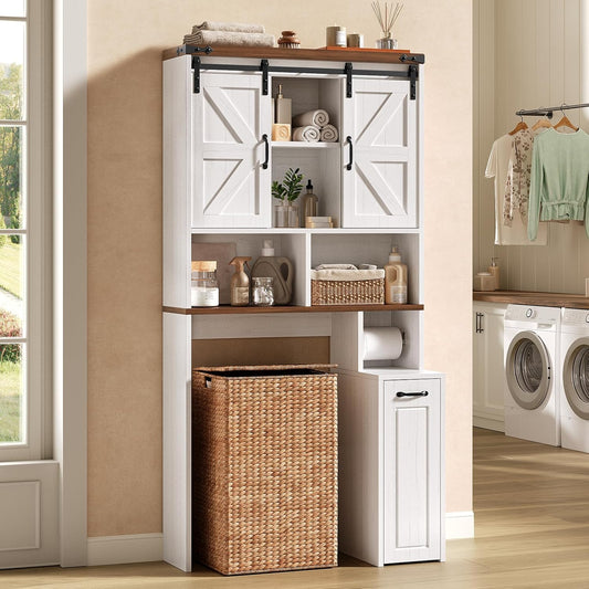 Farmhouse Over The Toilet Storage Cabinet with Pulley, Bathroom Storage Cabinet with Adjustable Shelf and Open Shelf for Bathroom, Restroom, Laundry, White Brown