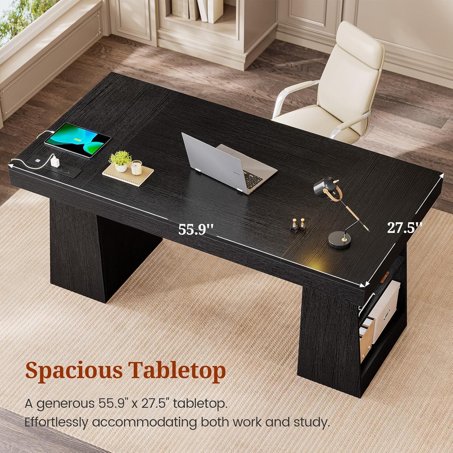 55.9" Executive Desk with Power Outlets, Modern Home Office Desk with Storage Shelves, Computer Desk Conference Table, Black