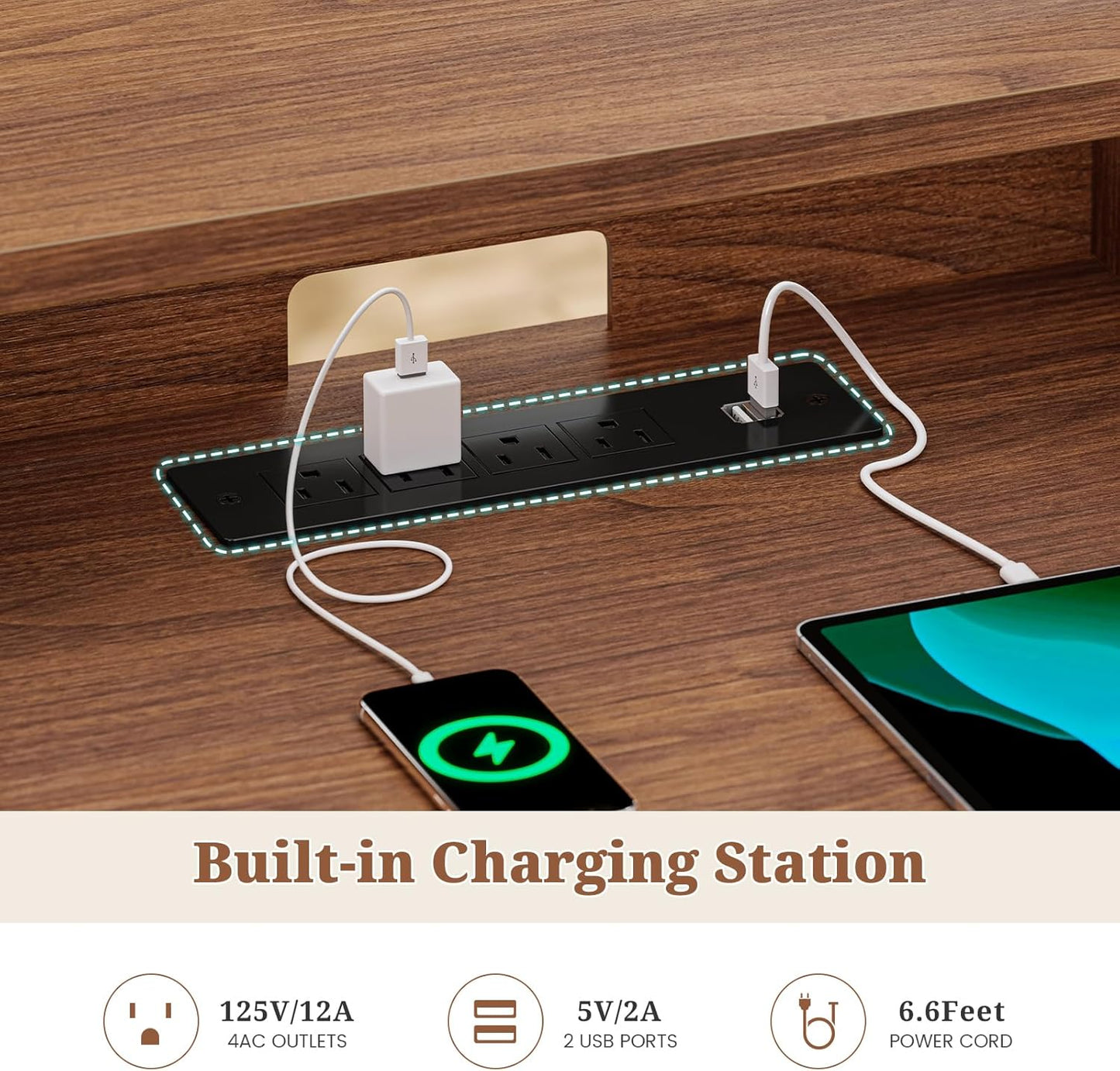 60'' Farmhouse Executive Desk with Drawers, Computer Desk with Power Outlet and LED Lights for Home, Office, Brown