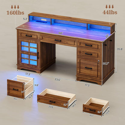 60'' Farmhouse Executive Desk with Drawers, Computer Desk with Power Outlet and LED Lights for Home, Office, Brown