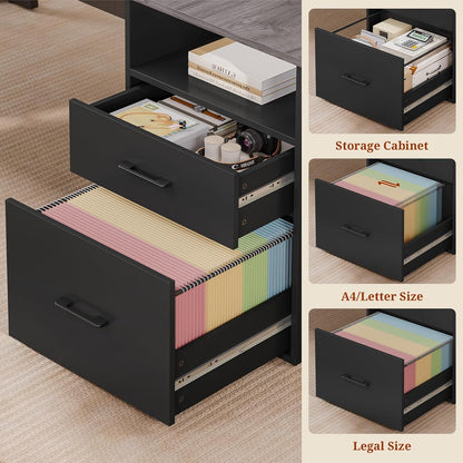 70.9" Executive Desk with Power Outlet, Large Office Desk with Lateral File Cabinet, Modern Computer Desk, Gray