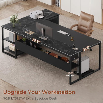 71" L Shaped Executive Desk, Large Office Desk with Widen File Drawers and Power Outlets, Reversible Computer Desk Corner Desk with Storage Shelves, Marble Black