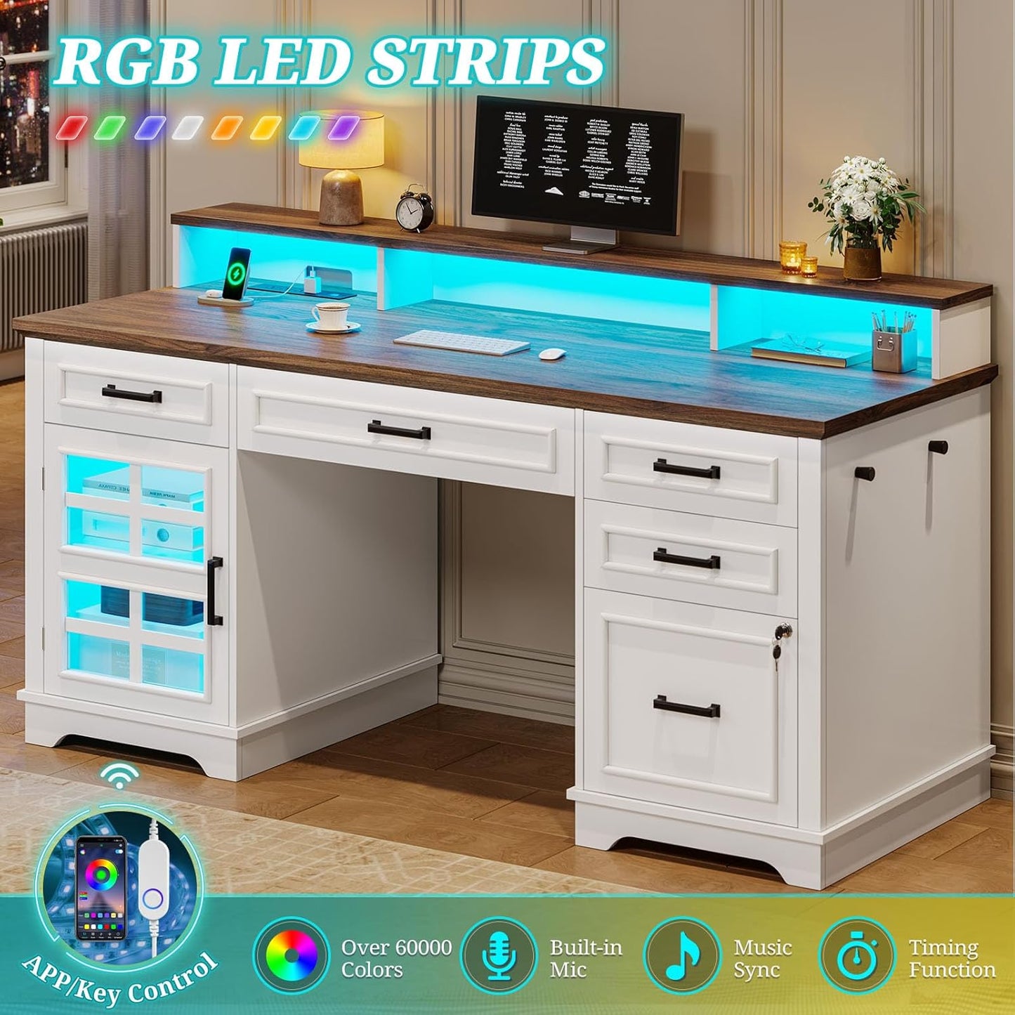 60'' Farmhouse Executive Desk with Drawers, Computer Desk with Power Outlet and LED Lights for Home, Office, White