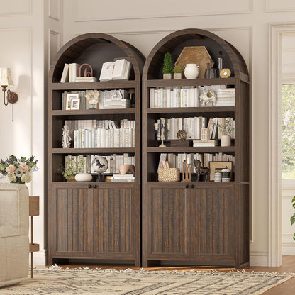 81" Tall Arched Bookshelf, Kitchen Pantry Storage Cabinet, 6-Tier Bookcase with 2 Doors for Living Room, Kitchen, Home Office, Walnut