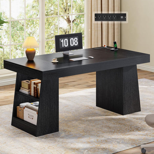 55.9" Executive Desk with Power Outlets, Modern Home Office Desk with Storage Shelves, Computer Desk Conference Table, Black